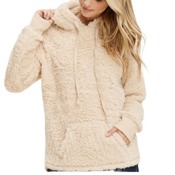 Staccato Tops - Staccato Beige Sherpa Fuzzy Hoodie Sweatshirt Women’s Small